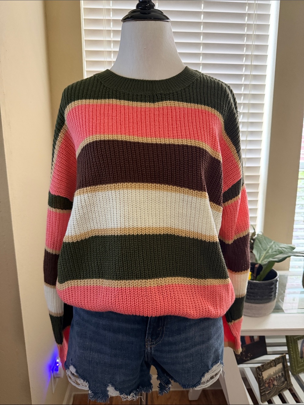 7th Ray Striped Crewneck Sweater in Pink, Olive & Cream